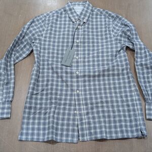 $280 Mens Officine Generale Arsene Checked LS Button Up Shirt White/Navy Small